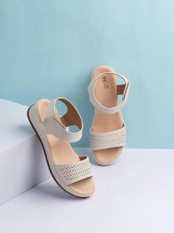 Sandals with cushion sole-Womens Cream Solid Round Toe Party Wear Heel Sandals