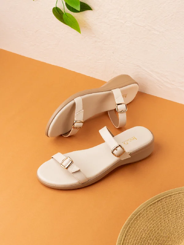 Sandals with durable breeze-Womens Cream Solid Round Toe Casual Wedge Heels Sandals