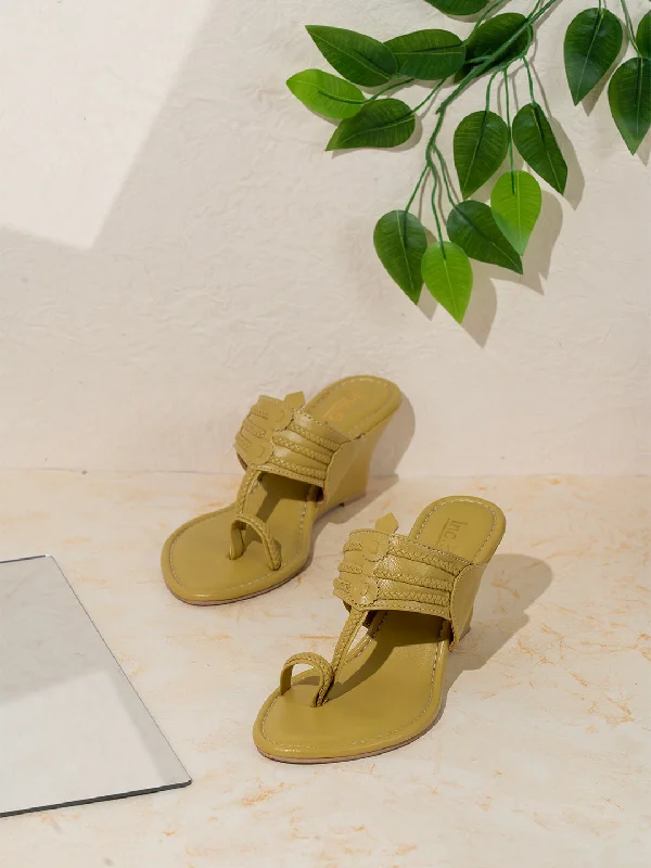 Sandals for hot weather-Womens Yellow Party Wear Kolhapuri Wedge Heel Sandals