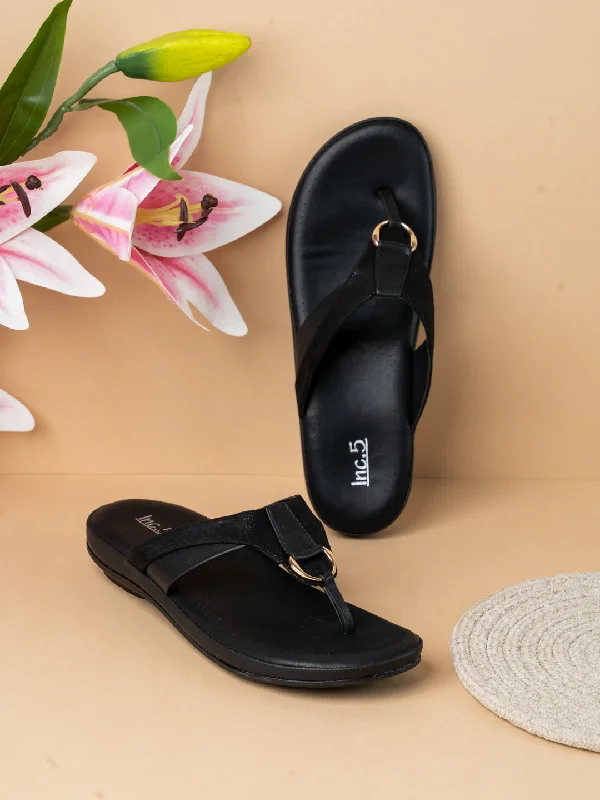 Sandals for summer kick-Womens Black Solid Round Toe Casual Flat Slip-on Sandals