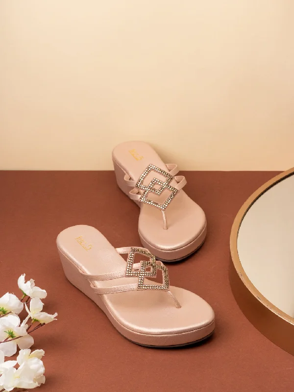 Sandals with stylish lift-Womens Rose Gold Solid Round Toe Party Wear Wedge Heels Sandals