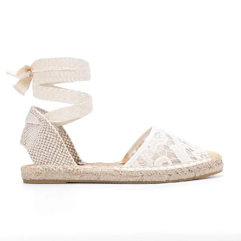 how to buy flats cheap-Lace T-strap Espadrille Flats - White