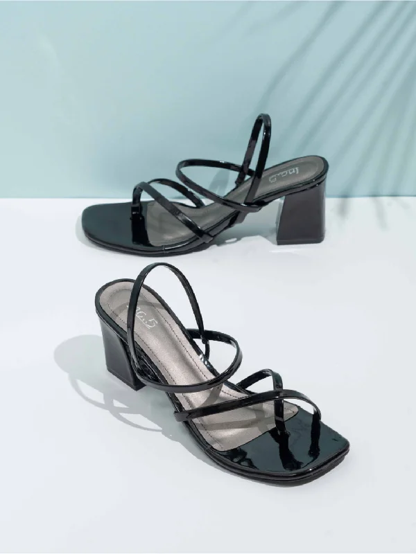 Sandals for outdoor fashion-Womens Black Party Wear Striped Square Toe Block Heel Sandals