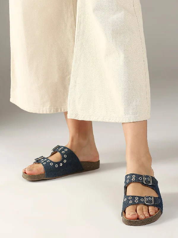 Sandals with soft sole-Women Navy Denim Cork Finish Comfort Open Toe Flats With Buckle Detail