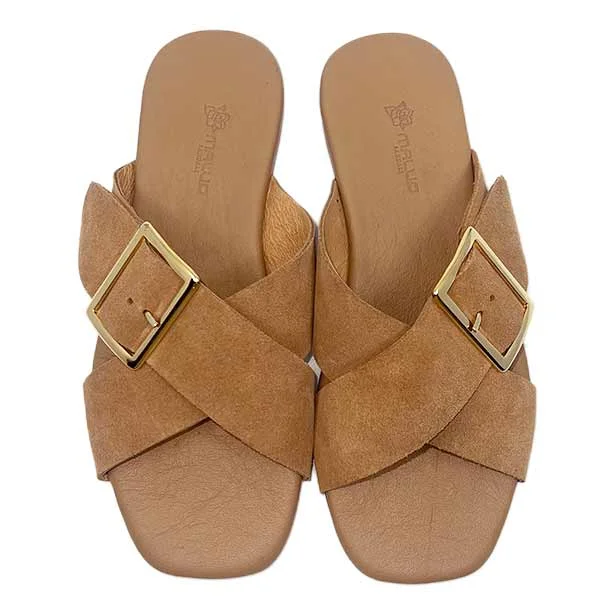 Plush turkey mules-Tita Camel | Suede slide