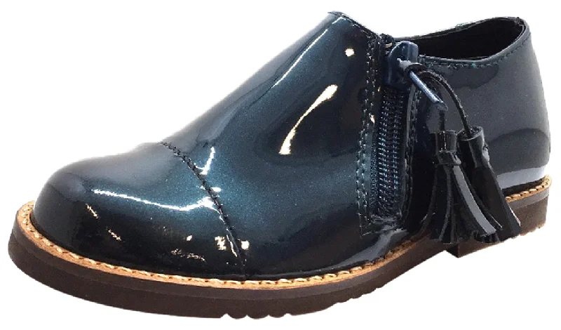 flats with vintage charm-Luccini Boy's & Girl's Teal Patent Leather Tassled Zipper Loafer Flats with Natural Sole