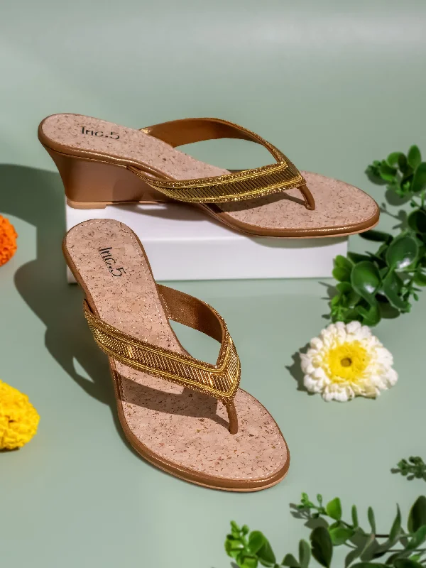 Womens Golden Ethnic Open toe Wedges Sandals