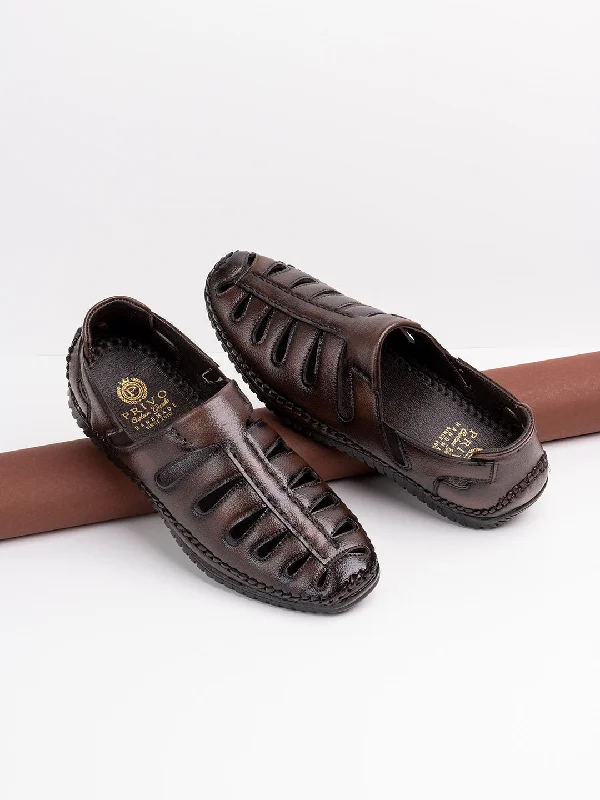 Sandals for warm climates-Mens Brown Solid Round Toe Casual Leather Sandals