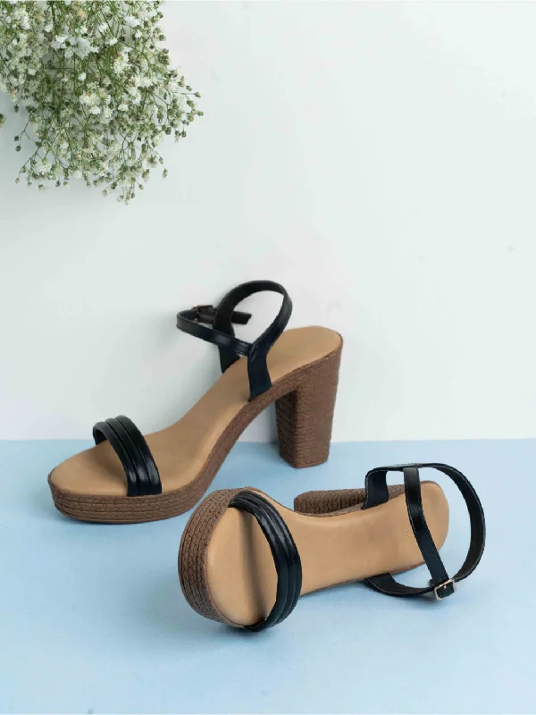 Sandals with sleek style-Womens Black Party Wear Solid Round Toe Block Heel Sandals