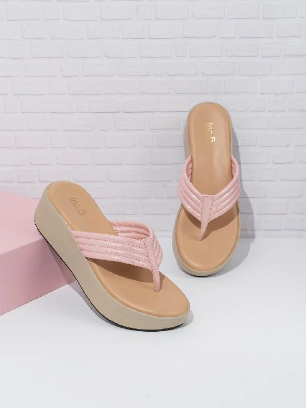 Sandals with non-slip sole-Womens Peach Solid Round Toe Party Wear Wedge Heel Sandals