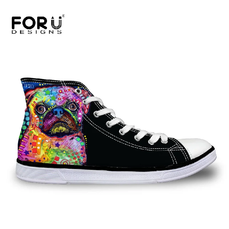 modern flats with parking-FORUDESIGNS Women High Top Canvas Shoes Colorful Pet Dog Pug Bulldog Printing Vulcanize Shoes Casual Teens Girls Students Flats