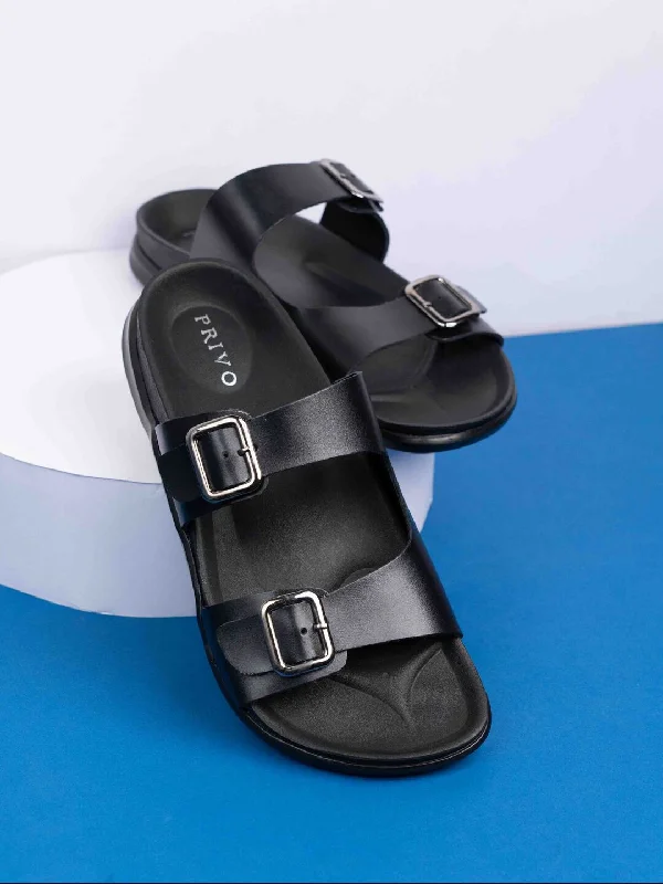 Sandals for summer festivals-Mens Black Solid Round Toe Flat Leather Sandals