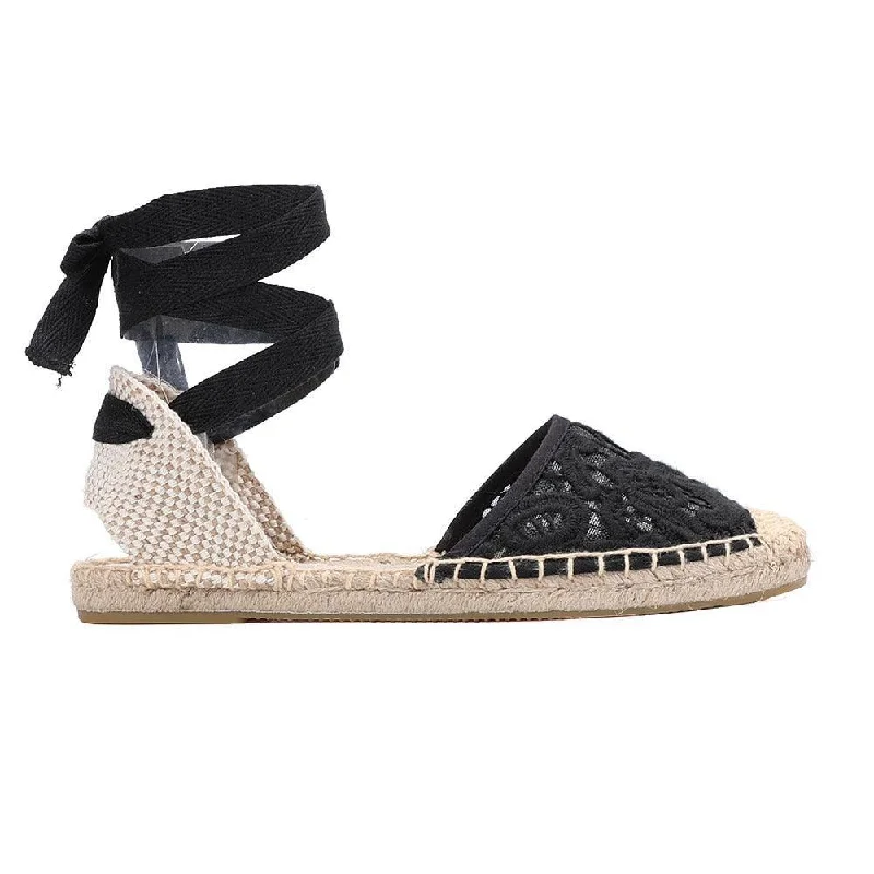 furnished flats for students-Lace T-strap Espadrille Flats - Black