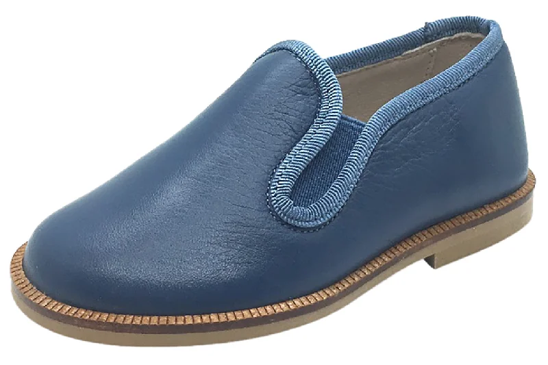 cozy flats near cafes-Hoo Shoes Boy's Navy Smooth Leather Smoking Loafer Flats