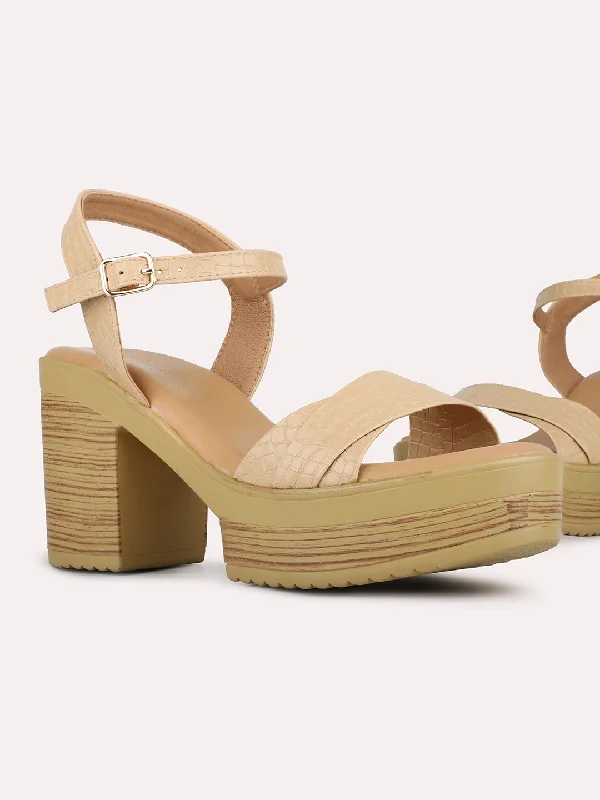 Sandals with stylish breeze-Womens Beige Solid Round Toe Party Wear Platform Heel Sandals