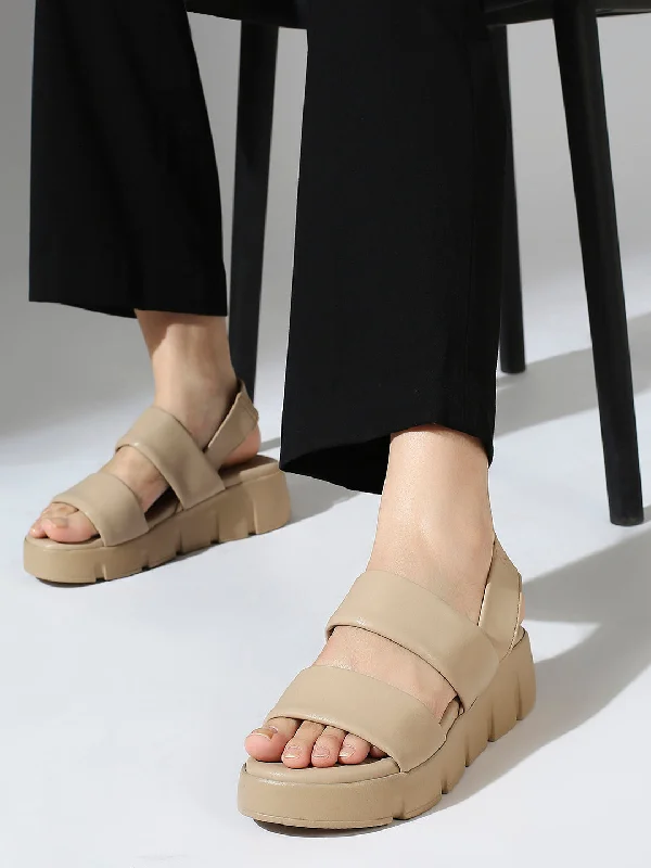 Sandals with colorful straps-Women Beige Open Toe Flatform Heels With Backstrap