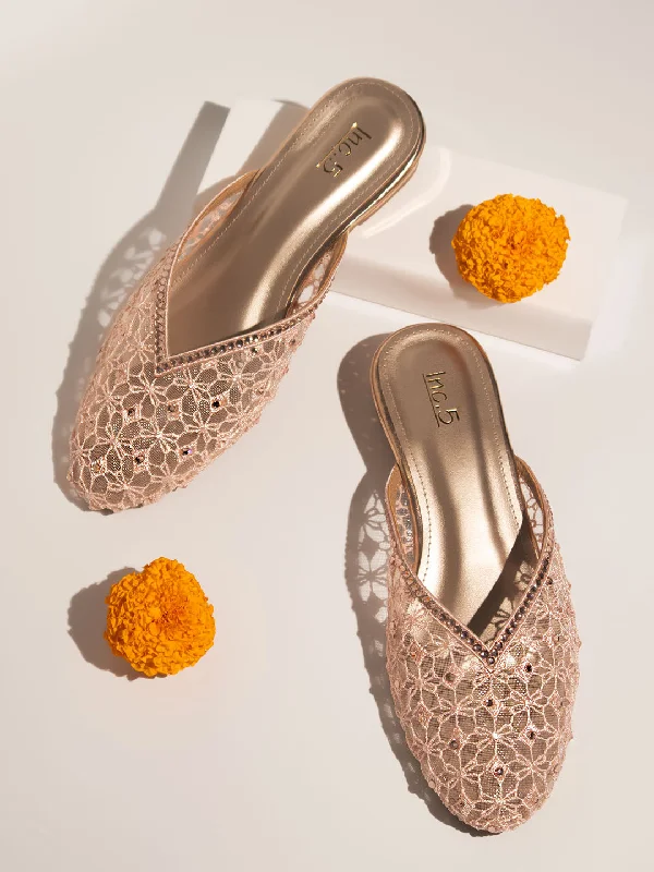 Sandals with modern look-Women Rose Gold Embellished Mules Flats