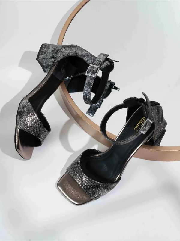 Sandals for beach style-Womens Pewter Party Wear Printed Square Toe Block Heel Sandals