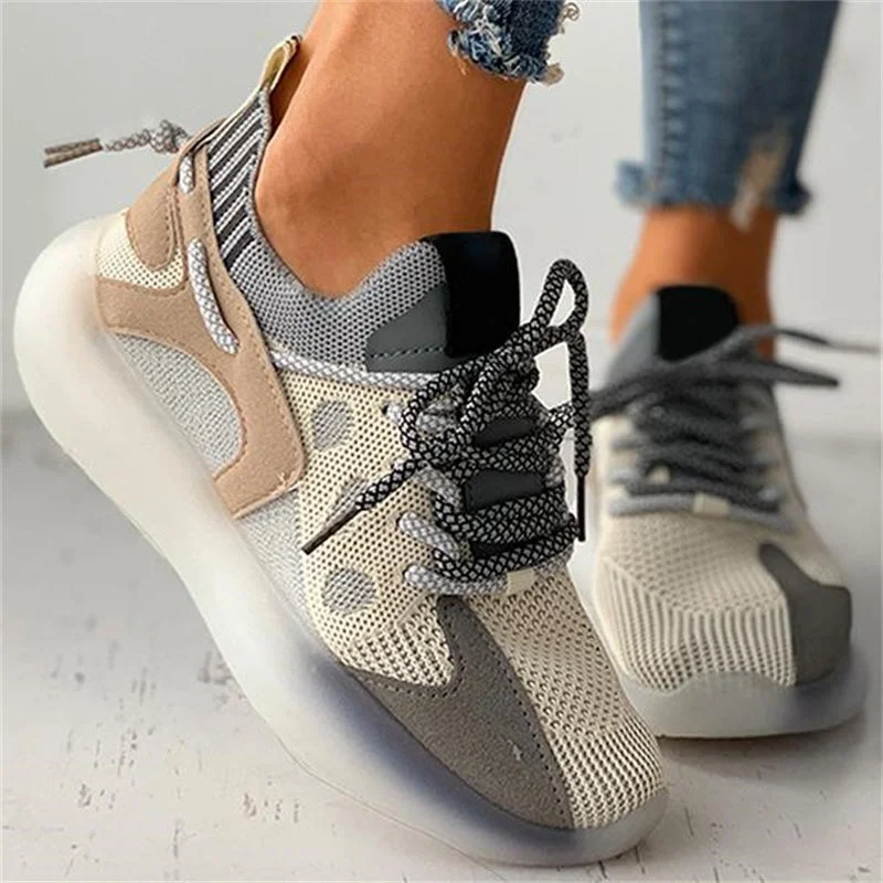 Athletic shoes for basketball players-2022 Fashion Sneakers Women All Season Colorblock Lace Up Breathable Knit Casual Sneakers Womens Flat Shoes