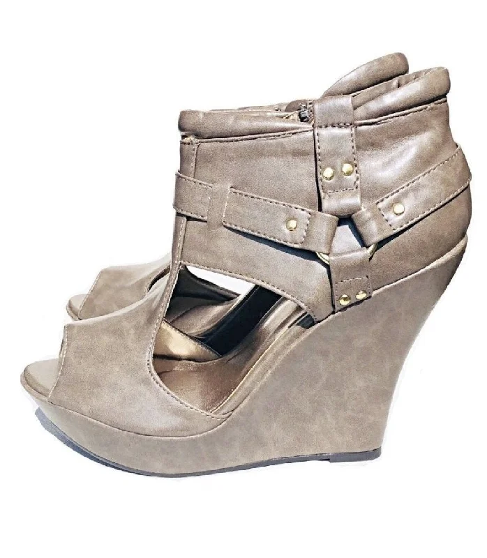 Sandals with matte finish-Taupe Wedge Booties Sandals-Seduced