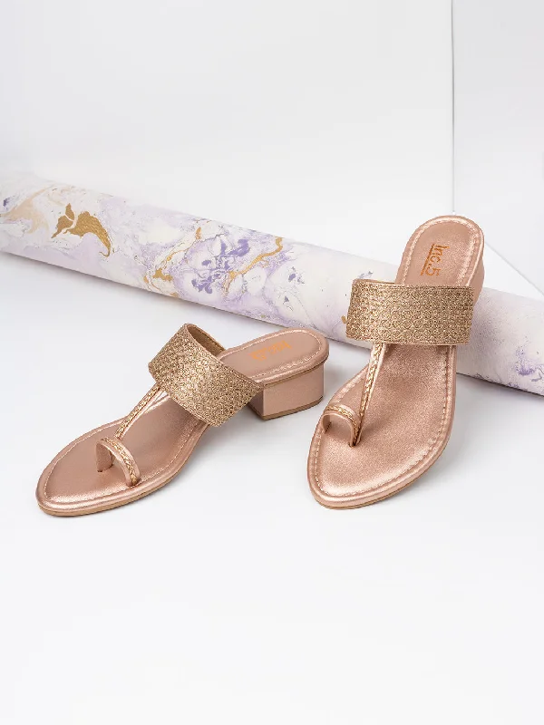 Sandals for casual rush-Womens Rose Gold Embellished Round Toe Party Wear Block Heels Sandals