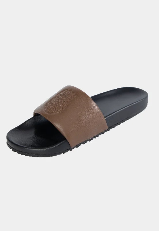 Premium quilted mules-Ashluxe Emblem Leather slides Brown