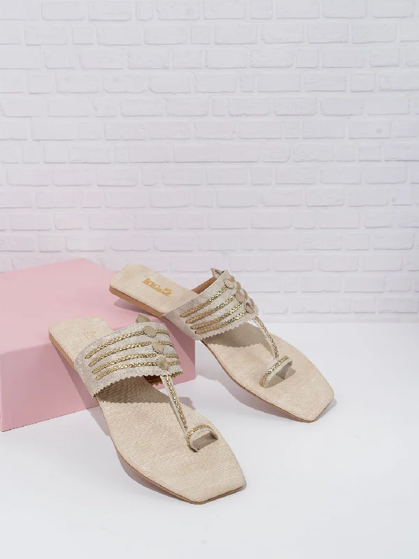 Sandals for summer shine-Womens Cream Square Toe Party Wear Kolhapuri Flat Slip-on Sandals