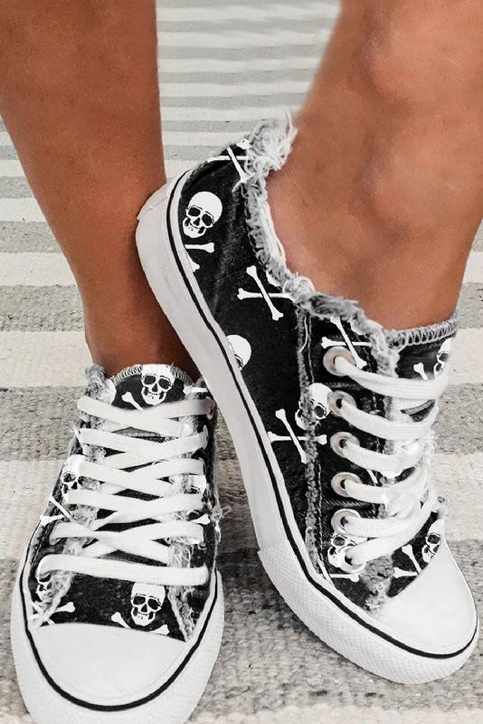 Athletic shoes with non-slip heels-Black Skull Print Lace-up Canvas Sneakers