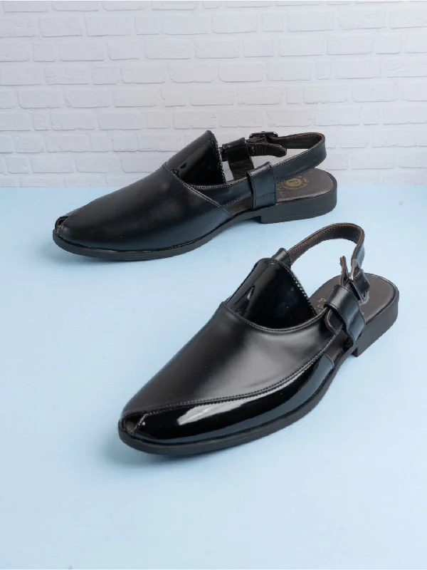 Sandals with boho style-Mens Black Solid Round Toe Casual Leather Sandals