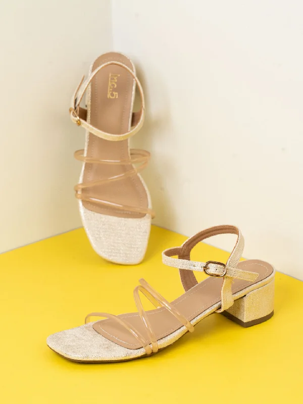 Sandals with flexible glow-Womens Gold Party Wear Strappy Square Toe Sandals