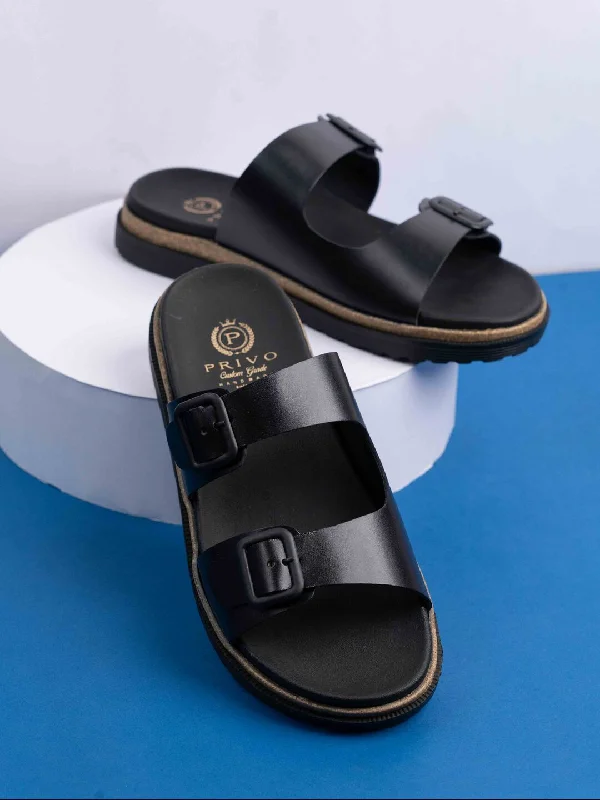 Sandals for minimalist look-Mens Black Solid Round Toe Flat Leather Sandals