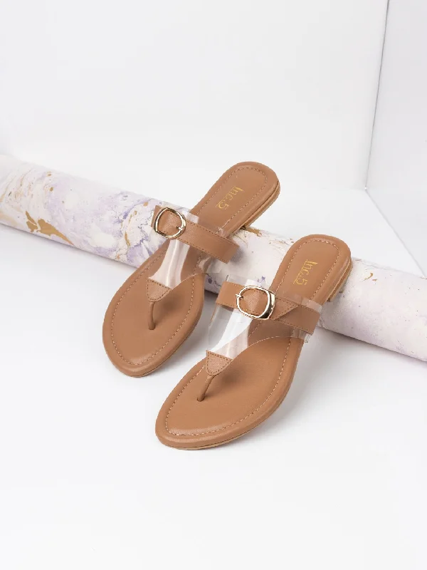 Sandals for summer buzz-Womens Beige Solid T-Strap Party Wear Flat Sandals