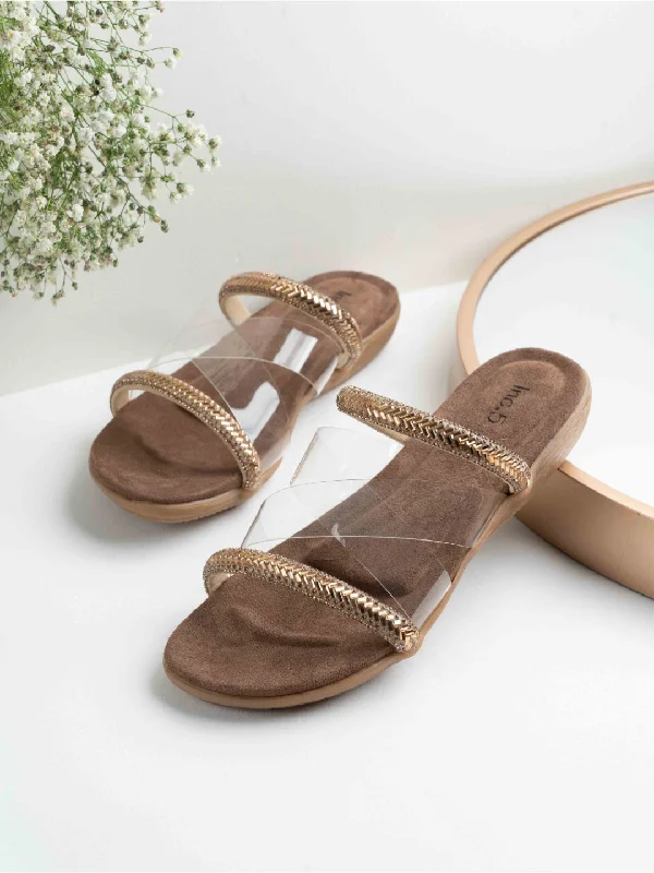 Sandals with modern look-Womens Gold Casual Transparent Ethnic Round Toe Flat sandals