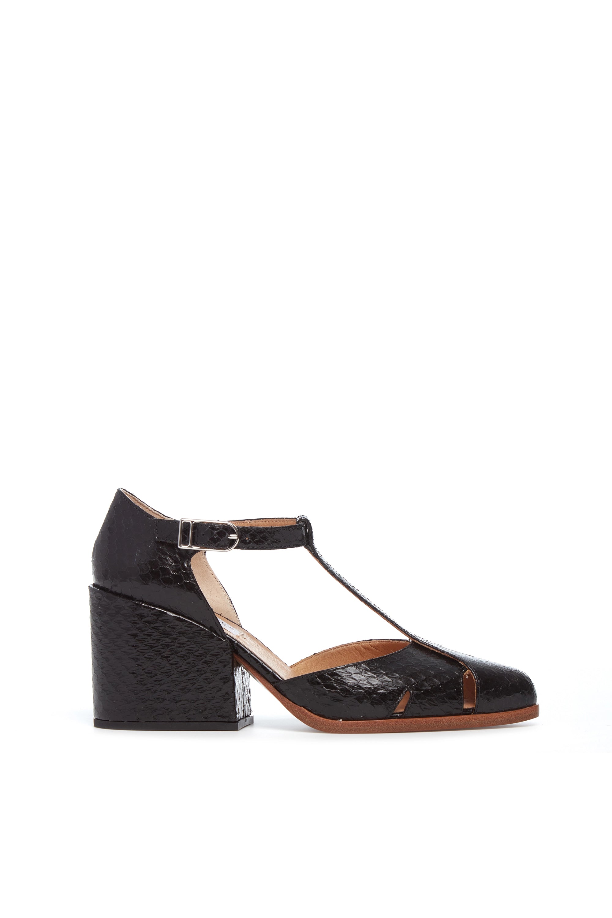 High heels theater night -Hawes T-Strap Heel in Black Snakeskin