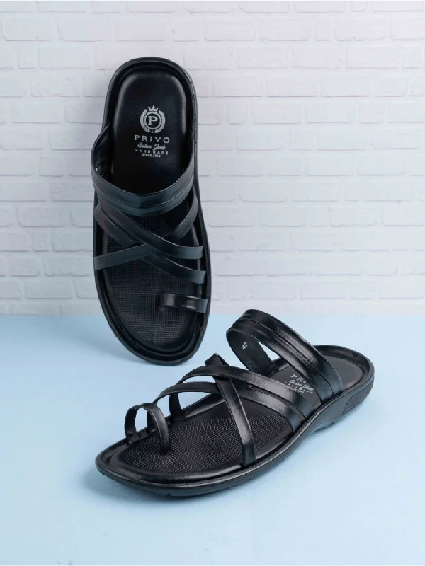 Sandals for eco-friendly choice-Mens Black Striped Round Toe Flat Leather Sandals