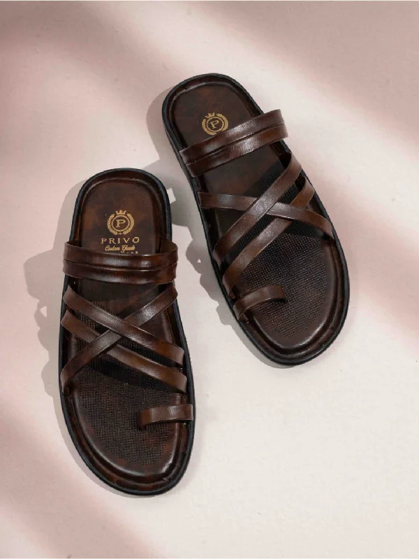 Sandals with bold patterns-Mens Brown Striped Round Toe Flat Leather Sandals