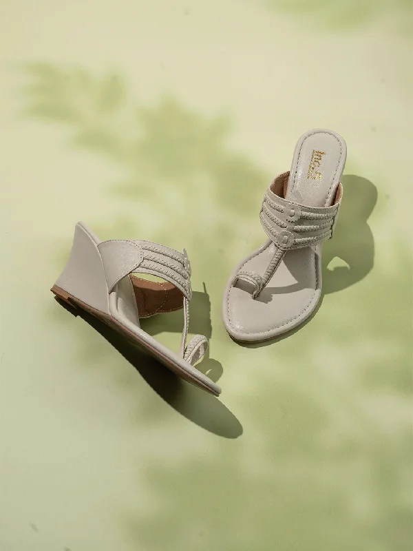 Sandals with velcro closure-Womens Cream Party Wear Kolhapuri Wedge Heel Sandals