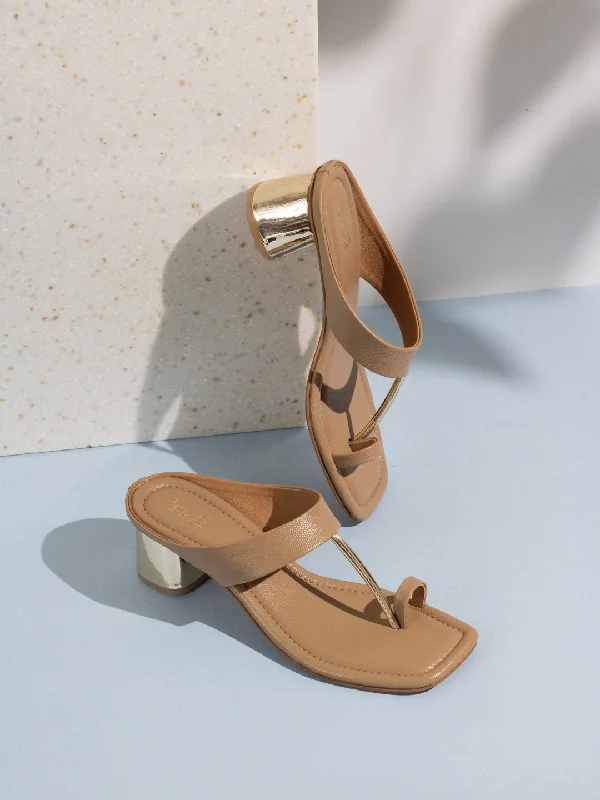 Sandals with quick-dry zap-Womens Beige Solid Round Toe Party Wear Block Heels Sandals