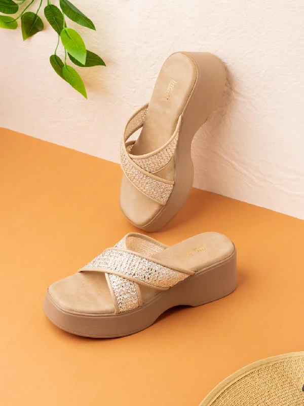 Sandals for eco-friendly zap-Womens Golden Solid Round Toe Party Wear Wedge Heels Sandals