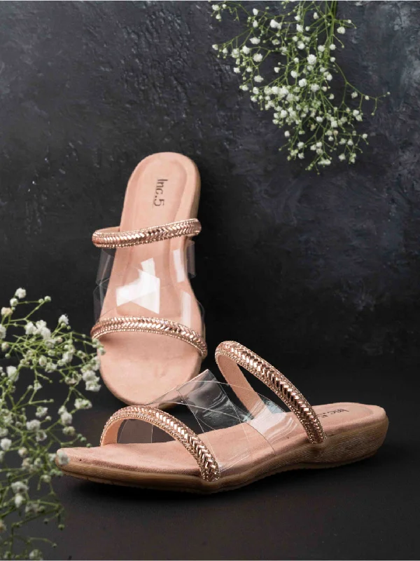 Sandals for kids summer-Womens Rose Gold Casual Transparent Ethnic Round Toe Flat sandals