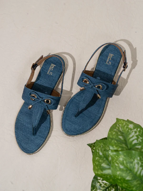 Sandals with sturdy sole-Womens Blue Casual Solid T-Strap Flat Sandals