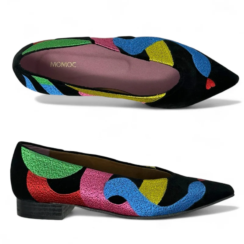 modern flats for rent-Soul of Colette Vegan Embroidered Eco Suede Ballerinas By Momoc In Black Multi-colored, Size: US 7/EU 38