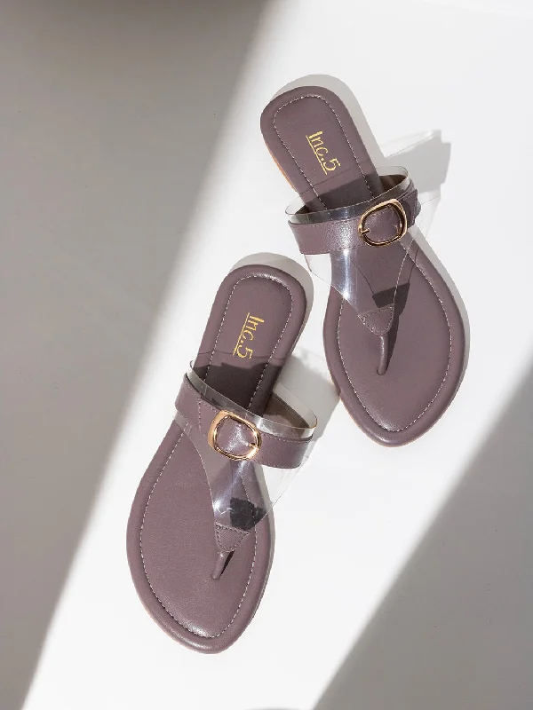 Sandals with durable zap-Womens Mauve Solid T-Strap Party Wear Flat Sandals