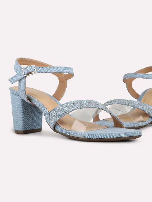 Sandals with warm breeze-Womens Blue Solid Round Toe Party Wear Block Heels Sandals