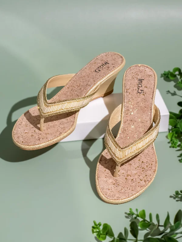 Sandals for beach glow-Womens Golden Ethnic Open toe Wedges Sandals