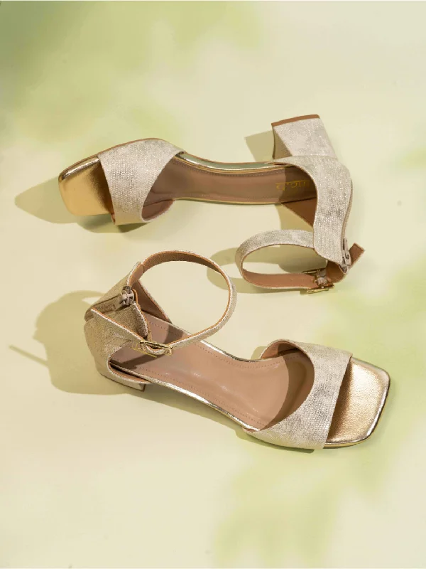 Sandals with secure comfort-Womens Golden Party Wear Printed Square Toe Block Heel Sandals