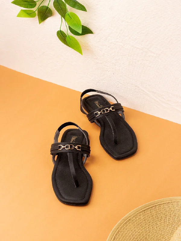 Sandals for eco-friendly edge-Womens Black Solid T-Strap Casual Flat Sandals