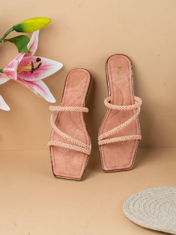 Sandals with cushioned glow-Womens Peach Striped Square Toe Party Wear Flat Slip-on Sandals