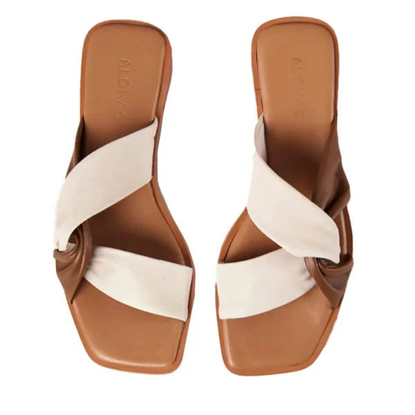 Elegant ribbon mules-Nomad Cream/Brown | Leather slides