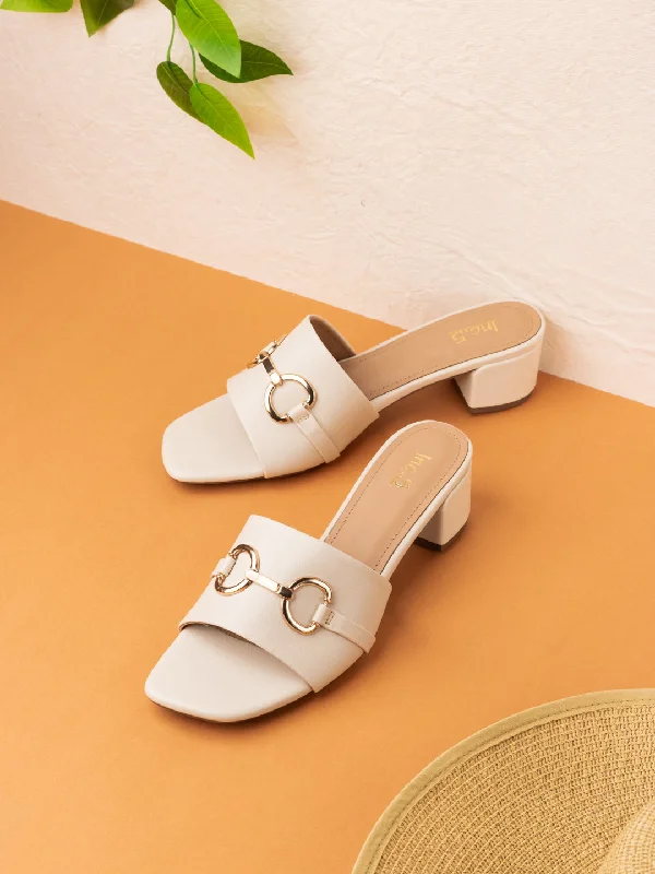 Sandals for summer lift-Womens Cream Solid Round Toe Party Wear Block Heels Sandals